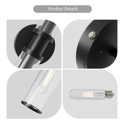 Rayogale Black Wireless Battery Operated Wall Sconces with Remote Control | Glass Rechargeable Wall Lights Set of 2 with Timer Function Dimmable for Living Room Bedroom Emergency 3000K, 20.5 Inch - color: Black(Clear Tubular Lampshade)