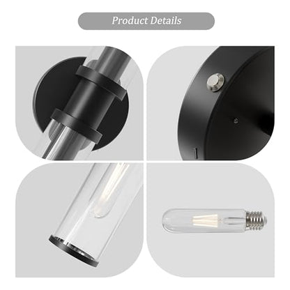 Rayogale Black Wireless Battery Operated Wall Sconces with Remote Control | Glass Rechargeable Wall Lights Set of 2 with Timer Function Dimmable for Living Room Bedroom Emergency 3000K, 20.5 Inch - color: Black(Clear Tubular Lampshade)