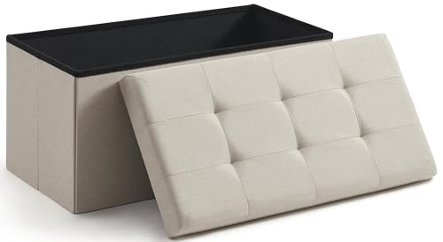 Ornavo Home 30 Inch Folding Storage Ottoman Bench, Tufted Linen, Beige | Upholstered Large Ottoman with Lid; Foot Rest Stool; Ideal for Bedroom, Living Room or Entryway - color: Beige, size: 15"d X 30"w X 15"h