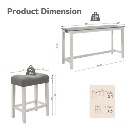 59" Dining Bar Table Set with Power Outlet, Behind Couch Sofa Table with 3 Padded Stools, 4 Piece Bar Table and Chairs Set for Living Room, Dining Room, Gray - color: R1-light Gray