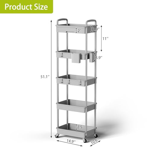 Sorgion 5 Tier Rolling Cart Organizer,Bathroom Cart Organizers with Wheels Laundry Room Organization Mobile Shelving Unit Utility Cart Storage Shelves Multi-Functional for Office, Home(Grey) - size: 5Tier-Grey