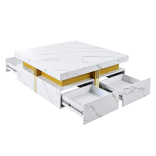 Modern White Square Storage Coffee Table with 4 Drawers for Living Room - color: White1