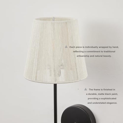 White Boho Wall Sconces Set of 2 | Plug-in Wall Light Black Finish with Natural Wicker Rattan Shade Hand Woven for Bedside, Living Room, Fireplace, Hallway - color: Black
