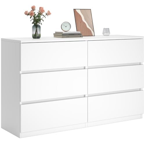 furtble 6 Drawer Dresser for Bedroom, Modern White Chest of Drawers No Handles Large Storage, Wood Dressers with Wide Drawers for Closet, Living Room, Home Office(43.3" W x13.4 Dx 26.4" H) - color: White, size: 13.4"D x 43.3"W x 26.4"H (6 Drawers)
