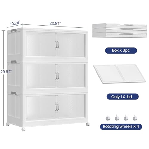 45Gal/180QT 3-Tiers Extra Large Stackable Storage Bins with Lid, Collapsible Cabinet Closet Organizer Plastic Container Box with Wheels Doors Drawers for Office Dorm Kitchen, White - color: White, size: 15Gal-3Pack
