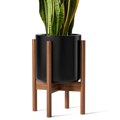 LE TAUCI 10 Inch Planter with Acacia Wood Stand, Ceramic Planter for Indoor Plants with Plant Holder, Mid-Century Modern Home Decor, Round Flower Pots with Drainage Hole, Black - color: Black, size: 10 Inch