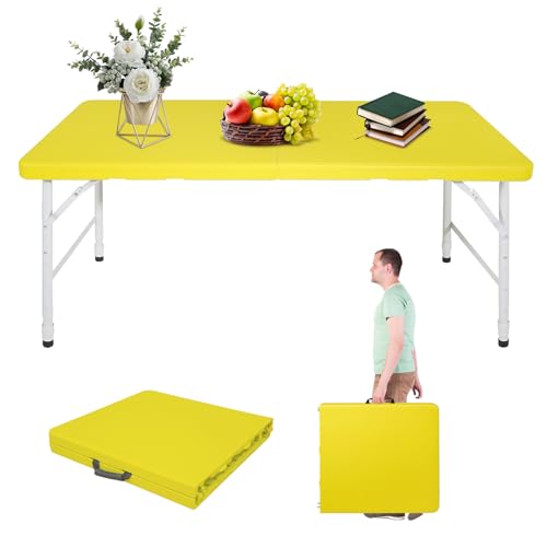 Portable 4Ft Folding Table, Heavy Duty Plastic Fold-in-Half Utility Foldable Table Small, Adjustable Height Plastic Folding Table with Carrying Handle for Camping &Party Indoor/Outdoor(Yellow) - color: Yellow, size: 4Ft