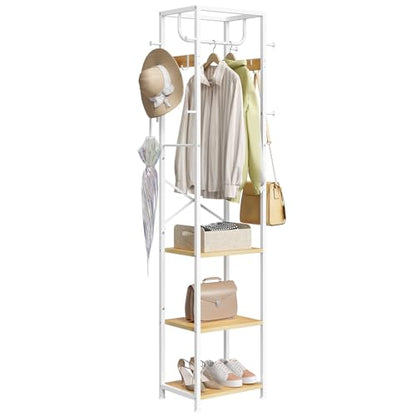 ELYKEN Coat Rack Freestanding, Hall Tree with 3 Shelves and 12 Hooks | Industrial Metal Frame, Space-Saving Design, Clothes Rack Stand Organizer for Bedroom, Hallway, Entryway, Office, Living Room - color: Natural