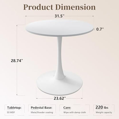 80.9cm(31.5인치) 원형 식탁, 금속 받침대 베이스가 있는 중세 튤립 테이블, 좁은 공간의 주방 다이닝 룸을 위한 현대적인 레저 테이블, 쉬운 조립, 화이트 - color: 화이트., size: 31.5 Inch