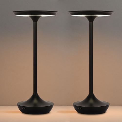 2 Pack Cordless Rechargeable Table Lamps, Portable 6000mAh Battery Desk Lamp Waterproof 3 Color Stepless Dimming Black LED Table Light with Memory Function for Outdoor/Dinning/Patio/Restaurant (2Pack) - color: 2 Pcs Black