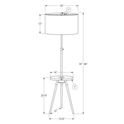 Pemberly Row 66" Tripod Floor Lamp with Shelf, Gold Metal and Ivory Drum Shade, Adjustable Neck, Walnut Laminate Shelf Table, 3-Way Switch, Modern Design for Living Room, Bedroom, or Office