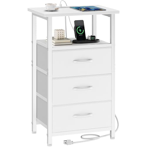 Nightstand with Charging Station, White Bedside Table with USB Ports and Outlet, End Table Side Table with 3 Fabric Drawers and Storage Shelf, Bed Side Table Night Stand for Bedroom, White - color: White, size: 1 Piece, style: Ordinary