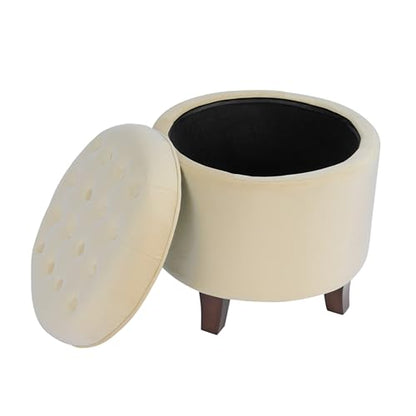 HomePop 19" Velvet Button Tufted Round Storage Ottoman - Cream - color: Cream