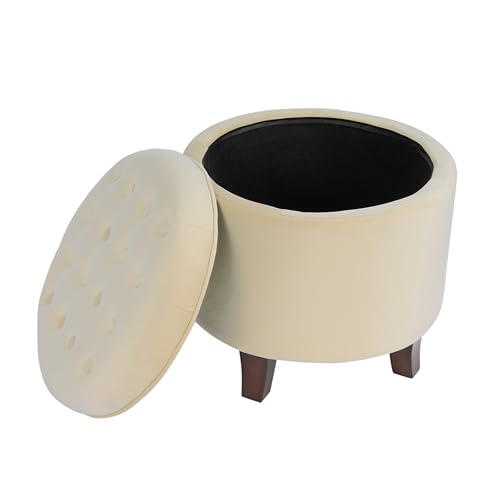 HomePop 19" Velvet Button Tufted Round Storage Ottoman - Cream - color: Cream
