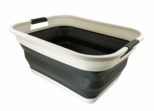 SAMMART 41L (10.8 gallons) Collapsible Plastic Laundry Washing Tub/Basket-Foldable Pop Up Storage Container/Organizer-Portable Laundry Hamper-Space Saving (1, Grey/Washed Black) - color: Grey/Washed Black