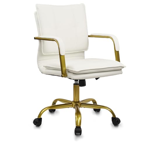 CLATINA Leather Home Office Desk Chair, Swivel Mid-Back Computer Chair with Golden Legs and Arms, Comfy Upholstered Task Chair with Wheels, White - color: White