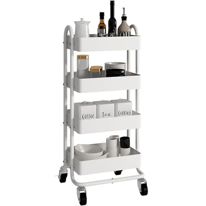 4 Tier Metal Rolling Cart with Wheels,4 Tier Utility Cart with Wheels for Office,Home,Kitchen,Garden（13.4"x18.1"x40"） White - color: White, size: 40"H