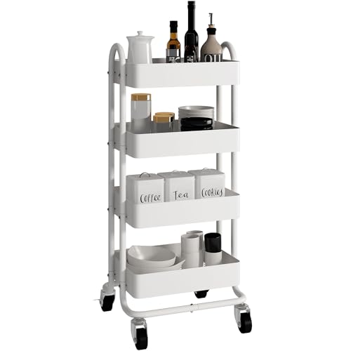 4 Tier Metal Rolling Cart with Wheels,4 Tier Utility Cart with Wheels for Office,Home,Kitchen,Garden（13.4"x18.1"x40"） White - color: White, size: 40"H