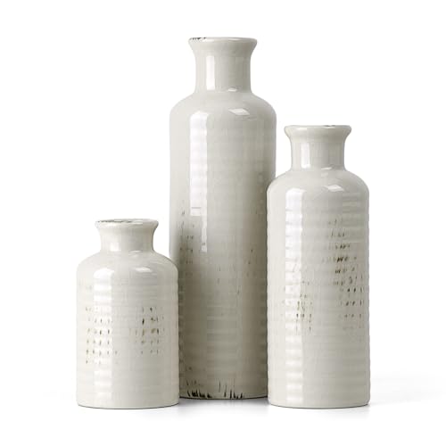 White Ceramic Vase Set of 3, Rustic Vase for Farmhouse Shelves Waterproof | Farmhouse Vases for Pampas Grass & Dried Flowers, Rustic Vase for Table Bookshelf, Living Room - color: 3pcs-crack White