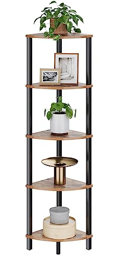 VIMBER Corner Shelf, 5-Tier Corner Bookshelf, Industrial Corner Ladder Shelf, Rustic Display Shelf for Living Room, Bedroom, Kitchen, Home Office, Rustic Brown and Black UJSJ001H - color: Rustic Brown and Black, size: 5-Tier without LED