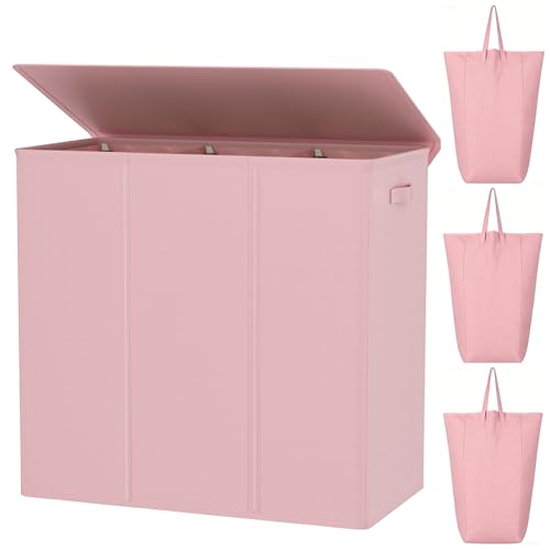 WOWLIVE 180L Laundry Hamper 3 Section, Large Laundry Basket with Lid | Dirty Clothes Hampers with Removable Bags and Handles, Collapsible Laundry Basket Organizer for Dorm Room, College, Pink - color: Pink, size: 180l (31.5"L x 12.5"W x 28"H)