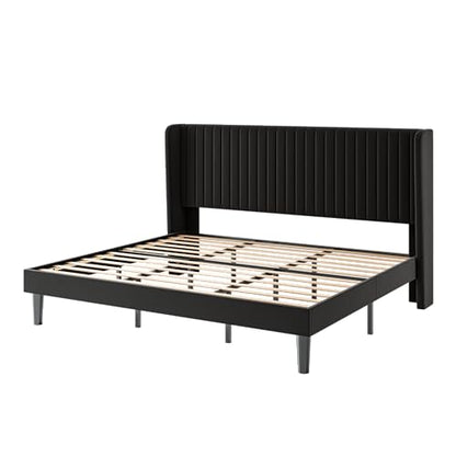 SHA CERLIN King Size Velvet Bed Frame, Tufted Wingback Headboard, Black | 47'' Modern Vertical Channel Headboard, Upholstered Platform Bed, Wood Slats, No Box Spring Needed, Easy Assembly, Noise Free - color: Black, size: King