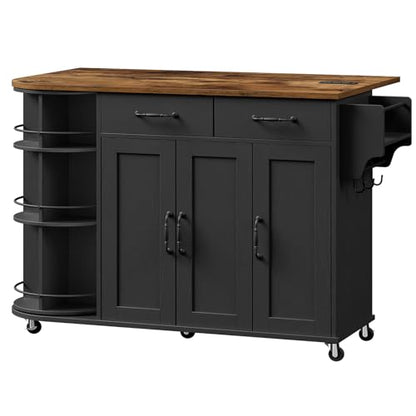 Kitchen Island with Power Outlet & Drop Leaf, Kitchen Rolling Island with Rotating Organizer, Kitchen Island Cart with Storage Cabinet, Mobile Island Table for Kitchen, Black and Rustic Brown - color: Black + Rustic Brown