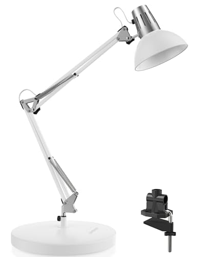 LEPOWER Metal Adjustable Desk Lamp with Clamp, Swing Arm for Home Office | Gooseneck, Architect Style, Eye-Caring Table Lamp, On/Off Switch, E26 Base, Reading for Dorm, Bedroom, Study, Back to School - color: White