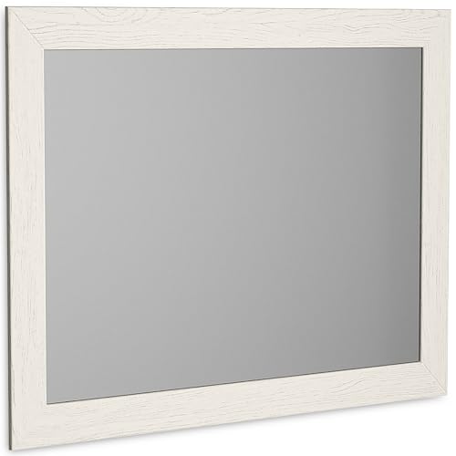 Signature Design by Ashley Stelsie Rectangular Mirror, Wall or Dresser‑Mounted Decorative Accent, Horizontal or Vertical Hanging, Bedroom Decor, White, 41.85" W x 30.67" H - color: White, style: Mirror