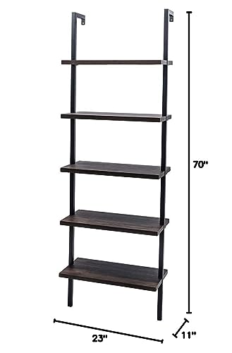 5-Shelf Modern Bookcase, Open Wall Mount Ladder Bookshelf with Industrial Metal Frame for Living Room Bedroom Home Office (Walnut) - color: Walnut