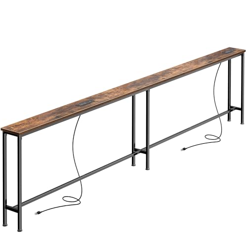 SUPERJARE 102 Inch Sofa Table with 2 Power Outlets and USB-C Ports | 5.9 Inch Narrow Console Table with Storage, Extra-Long, for Entryway Hallway Couch Behind Sofa, Small Spaces, Rustic Brown - color: Rustic Brown, size: 5.9"D x 102.3"W x 29.7"H