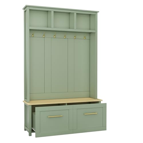 JIVOIT 4-in-1 Entryway Hall Tree with Brown Wood Grain Storage Bench, Wood Entryway Coat Hanger Hall Tree with 6 Golden Hooks, 2 Drawers, Coat Rack for Living Room, Hallway - color: Mint Green/31