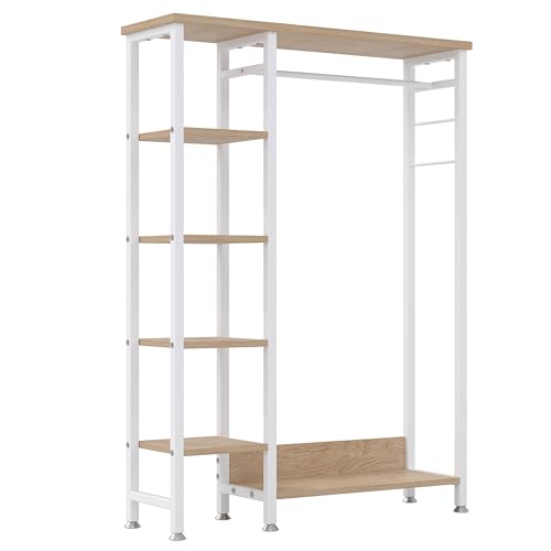 VECELO Open Garment Clothing Rack, Free-Standing Heavy Duty Storage Closet with 5 Shelves and Hanging Rod for Small Spaces, Max Load 350LBS, White Oak - color: White Oak