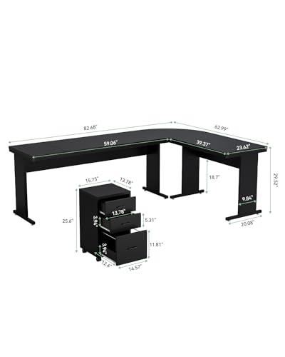 LITTLE TREE 82.67" Long Executive Desk Large L-Shaped Computer Office Desk with 3-Drawer Mobile File Cabinet, Industrial Business Furniture Desk Workstation for Home Office, Black - color: Black