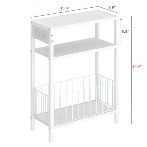 TRIFEBLE Narrow Side Table with Charging Station, Small End Table for Small Spaces, Slim Nightstand with Storage Basket, 3 Tier Skinny Bedside Table for Living Room, Bedroom, White - color: White