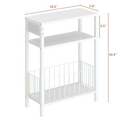 TRIFEBLE Narrow Side Table with Charging Station, Small End Table for Small Spaces, Slim Nightstand with Storage Basket, 3 Tier Skinny Bedside Table for Living Room, Bedroom, White - color: White