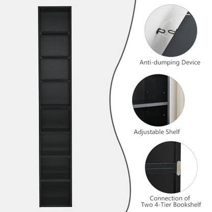 Tall Narrow Bookshelf,8-Tiers Bookcase with Adjustable Shelves,Double-Decker Combination Thin Media Tower Rack,CD DVD Slim Storage Cabinet for Living Room,Bedroom,Studio and Office (Black, 71"H) - color: Black