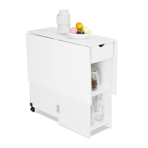 Mondeer Folding Dining Table with Drawer and Shelves, White | Drop Leaf Kitchen Table with 1 Drawer and 2 Storage Shelves in Modern Style for Small Spaces and Seats 4-6 People. - color: White