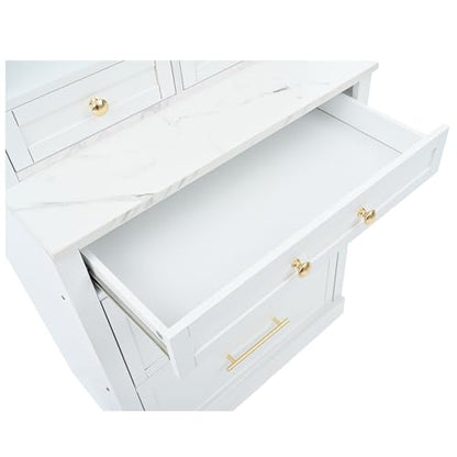 Modern 28.7x17.5x83.7 Inch Tall Kitchen Pantry Cabinet, Freestanding Hutch with Faux Marble Top, 5 Drawers & Adjustable Shelf, Glass Holders, Space-Saving Storage for Kitchen/Dining Room (1, White) - color: White