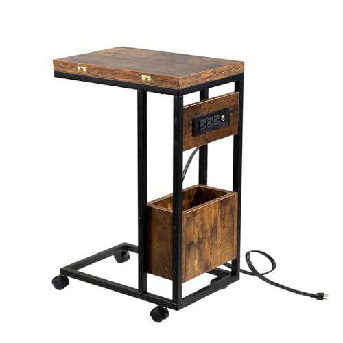 Hadulcet C Shaped End Table for Couch with Power Port & Foldable Tabletop | Folding TV Tray Table for Eating with Storage, Snack Table C Table for Sofa, Living Room Bedroom Small Spaces, Rustic Brown