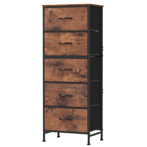 DUMOS Nightstand with 5 Fabric Drawers, Skinny Dresser | Night Stand Bedside Table, Removable Bins, Sturdy Steel Frame Wood Top, Storage Tower for Bedroom Closet, Rustic Brown - color: Rustic Brown, size: 15.7"D x 11.8"W x 47.7"H (5 Drawers)