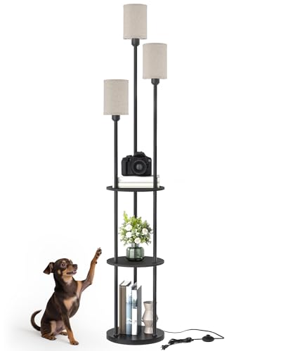 Floor Lamp with Shelves, Modern Floor Lamp with 3 Linen Shades and Foot Switch, 3-Light Standing Lamp, for Living Room, Bedroom, Study, Office, Black and Beige E53LD05 - color: Black + Beige