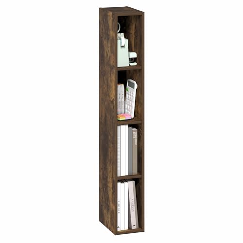 Furinno Fulda Book Shelf, 4-Tier Narrow Bookshelf, Standing Bookcase with 6-in Width Storage Shelf, 9.3 x 5.9 x 41.6, for Organization and Storage, for Living Room, Bedroom, Home Office, Amber Pine - color: Amber Pine, size: 4-Tier, 6W