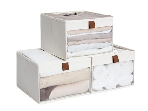 StorageWorks Closet Storage Bins, Storage Baskets with Clear Window and Handles, Foldable Fabric Organizer for Clothes, Shelves, Beige, 3 Pack - color: Beige, size: 10 ¾" L X 10 ¾" W X 7 ½" H