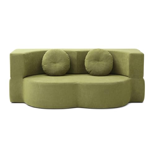 76" Convertible Folding Futon Sofa Bed, Queen Sleeper Sofa with Pillow, Teddy Floor & Futon Loveseat Couch, Foam Folding Mattress Sleeper for Living Room, Guest Use, Apartment, No Assembly (Green) - color: Green