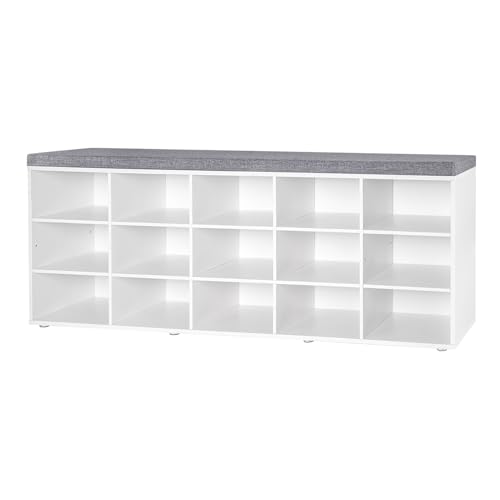 Shoe Storage Bench with Cushion, 15-Cubby Shoe Rack with Seat | 50.8"L Entryway Shoe Organizer Bench, Adjustable Shelves for Boots, Removable Washable Cushion, Closet/Hallway/Bedroom, White - color: White, size: 15 Cubby