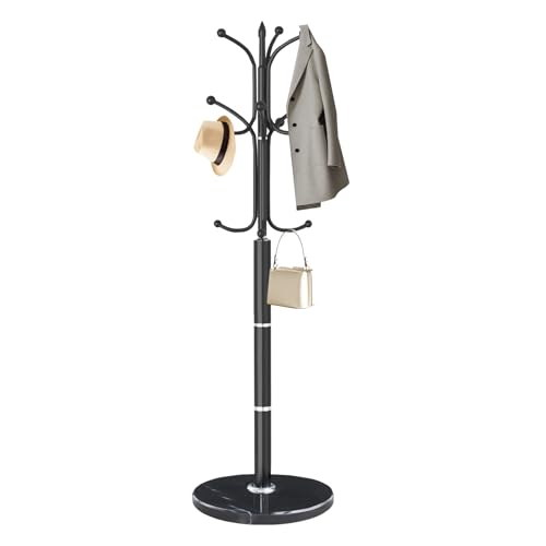 Modern Coat Rack Stand, Metal Freestanding Coat Rack with Natural Marble Base, Heavy-Duty Coat Racks with 12 Hooks,Black Coat Hanger Tree Stand for Office, Entryway, Hallway - color: Black