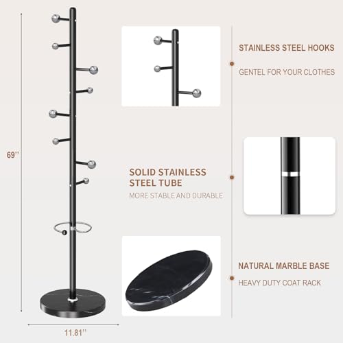 Coat Rack Stand, Black Metal Coat Rack Freestanding with 8 Hooks - color: Black-8 Ball Hooks