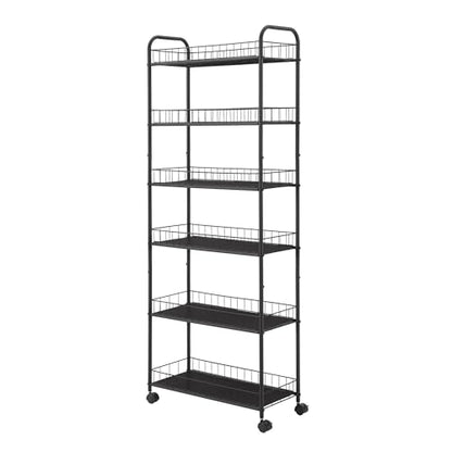 6-Tier Storage Cart Wire Slim Shelving Shelf with Wheels for Small Spaces, Rolling Tall Organizer Storage for Bathroom, Kitchen, Home, Garage, Bedroom, Closet (Black, 10“D)