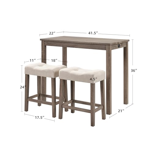 DUHOME 3 Piece Bar Table Set,Dining Bar Table and 2 Chairs Set with Charging Station Industrial Breakfast Table with 2 Padded Stools Rustic Bar Kitchen Dinning Room Living Room Cream